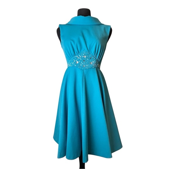 Vintage 1950s 1960s Handmade Blue Rhinestone Sparkle Accented Dress Small/Medium - Picture 1 of 13